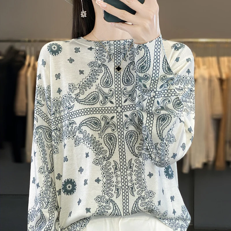 Spring and Autumn Women\'s Round Neck Thin Sweater Fashion T-shirt Top Worsted Wool Printed Long Sleeve Knitted Bottom Shirt