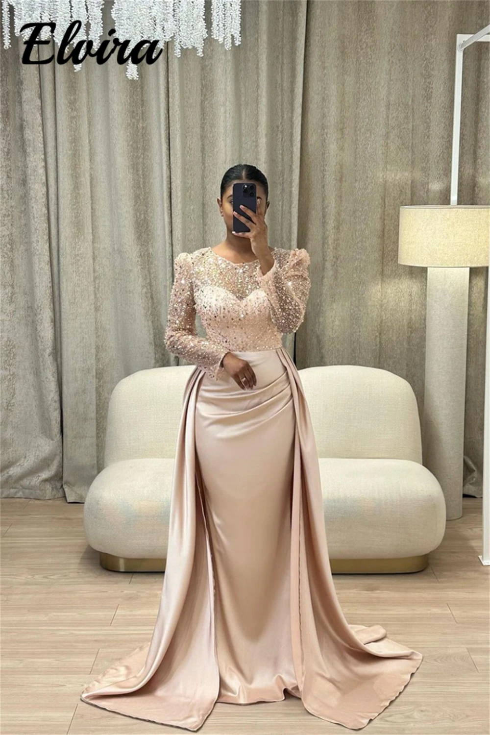 Customized Formal O-Neck Sequined Beadings Straight Women Evening Dresses Pleats Full Sleeve Floor-Length Court Train Prom Gowns