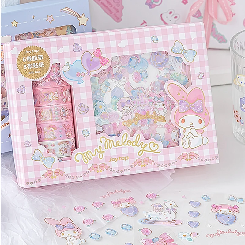 Sanrio Stickers Gift Box Kawaii  Kuromi Cinnamoroll Melody Anime Hand Account Guka Decoration DIY Sticker Girls Kids Toys