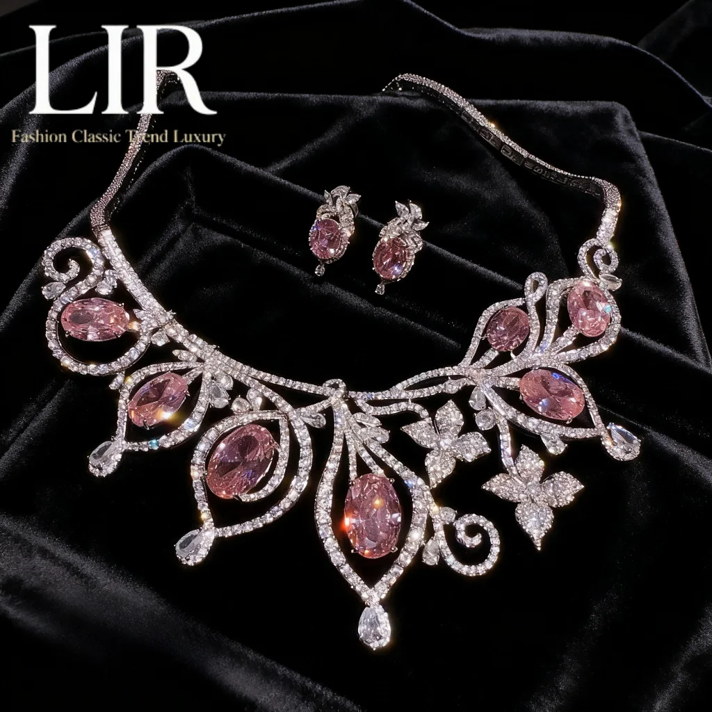 

Женские ювелирные украшения на заказ LIR: ожерелье Padparadscha с драгоценными камнями розового ириса + серьги с блестящими цирконами и лепестками виноградной лозы