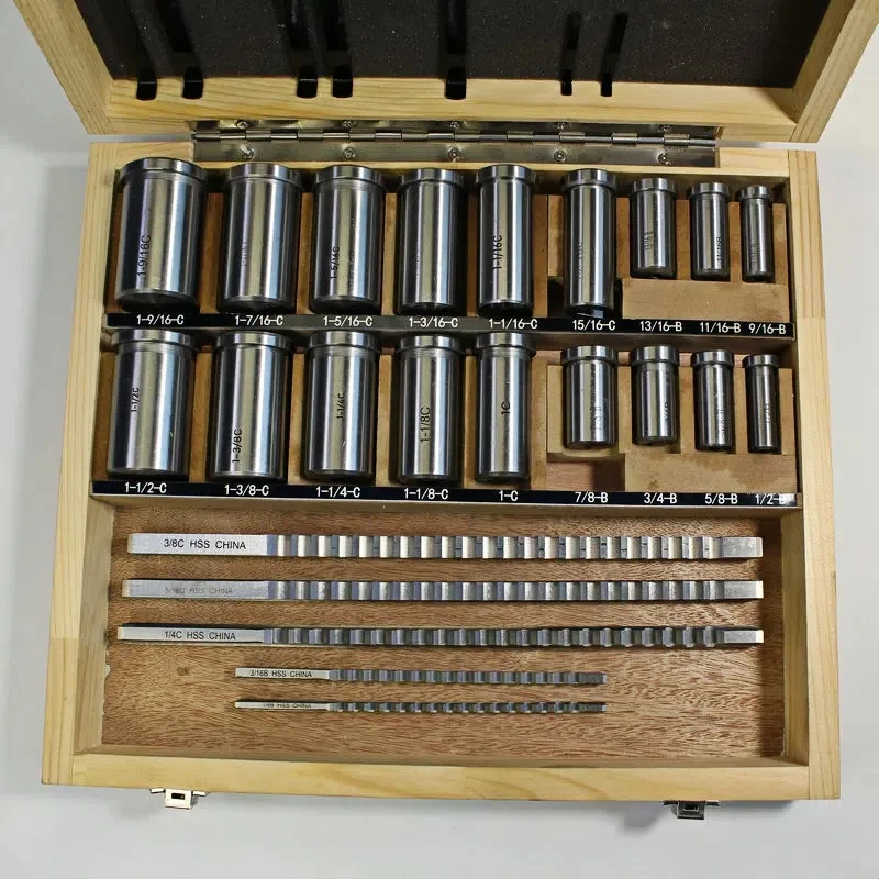 

30pcs Inch-Sized HSS Keyway Broach Set | 5pcs 1/2''-1-1/2'' Broaches w/ 18pcs Bushings & 7pcs Shims