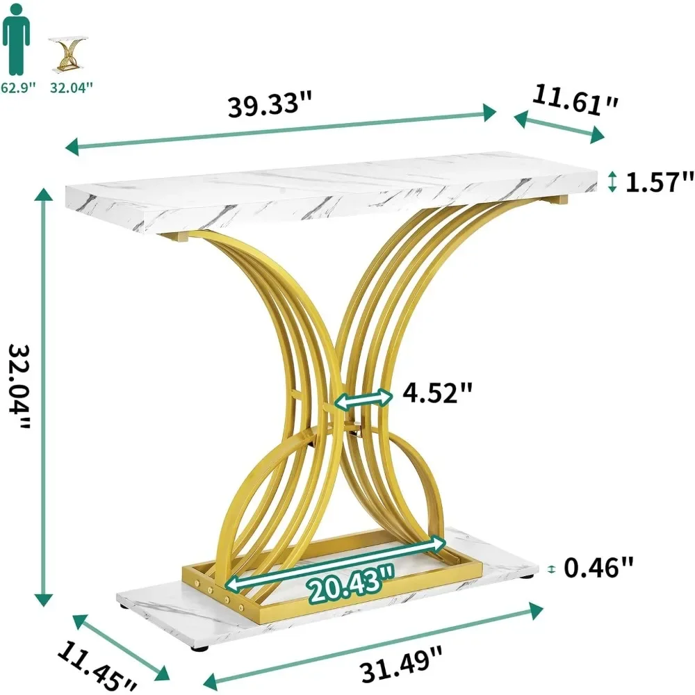 Gold Console Table, Modern Sofa Table for Living Room, Hallway, 40 inch Narrow Entryway Table, Faux Marble White