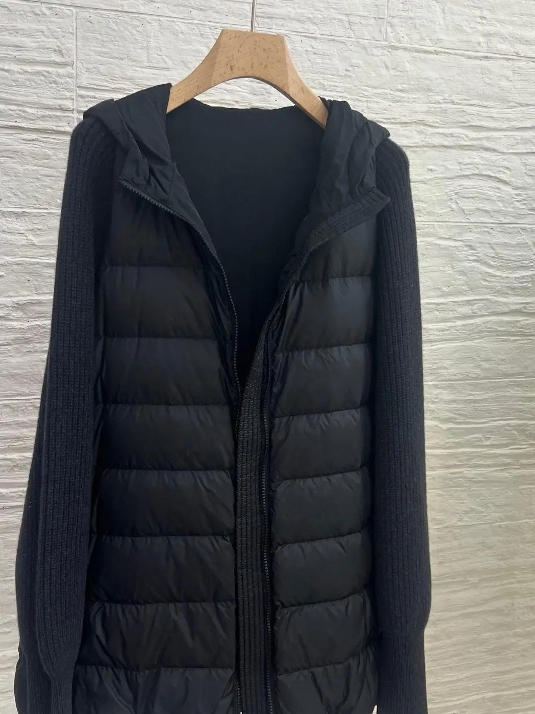 Women Hooded Down Jacket Knit Sleeve Panel Loose Warm Autumn Winter