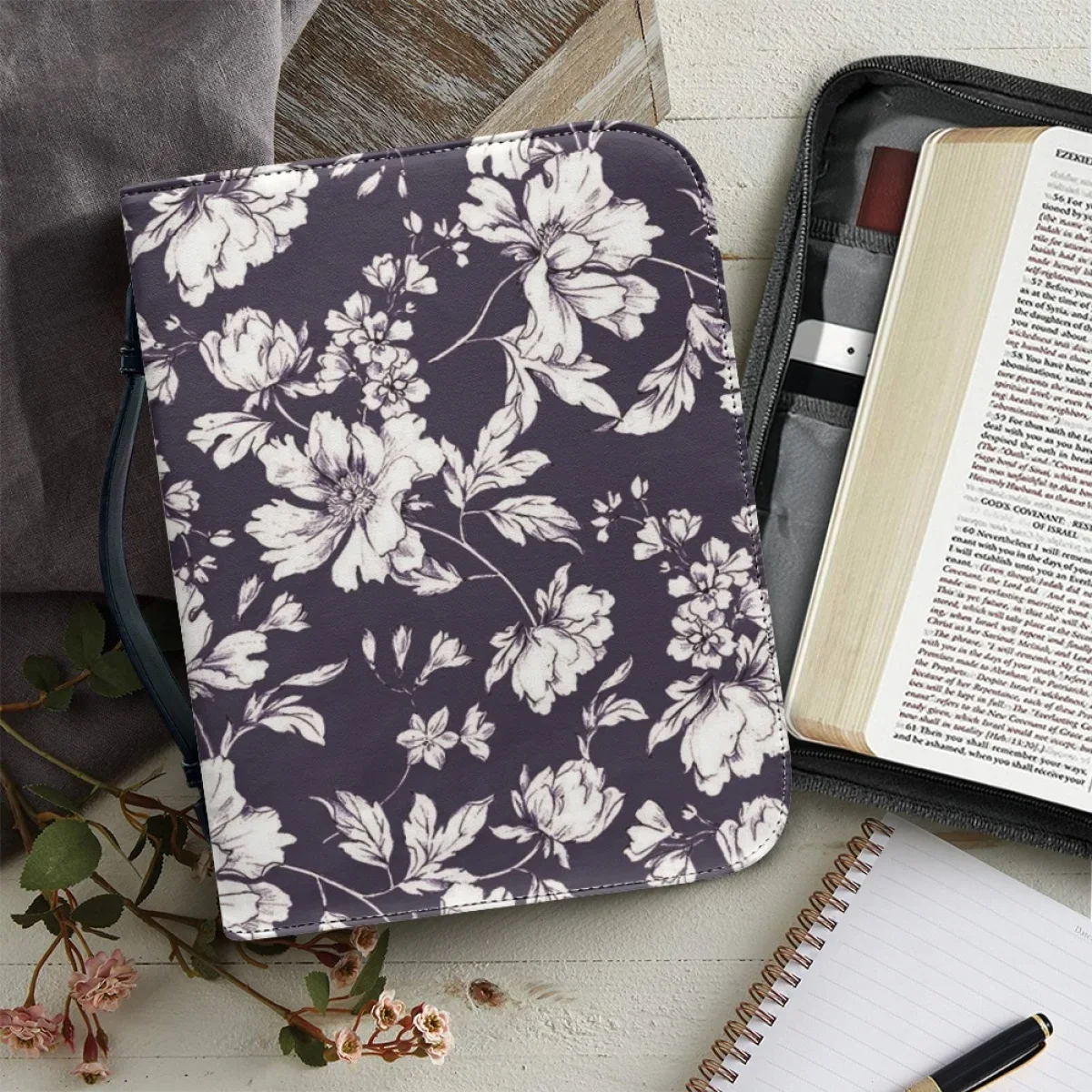 

Fashion Flower Print Bible Bag for Women Leather Zippered Handle Handbags Exquisite Custom Bible Study Book Holy Storage Boxes