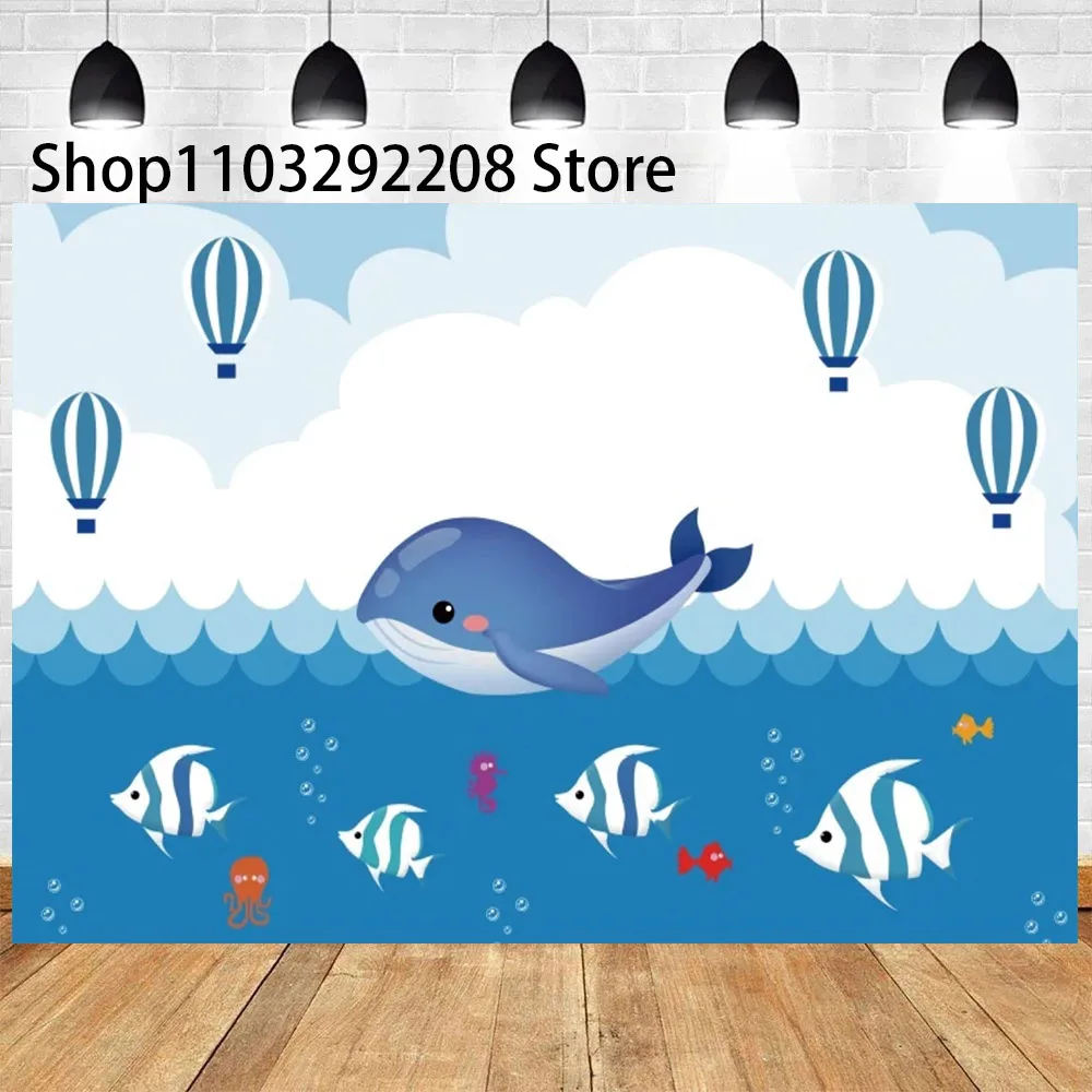 Summer Ocean Theme Cartoon Fish Kids Birthday Party Cute Underwater Dolphin Whale Background Event Decoration Baby Shower Prop ﻿