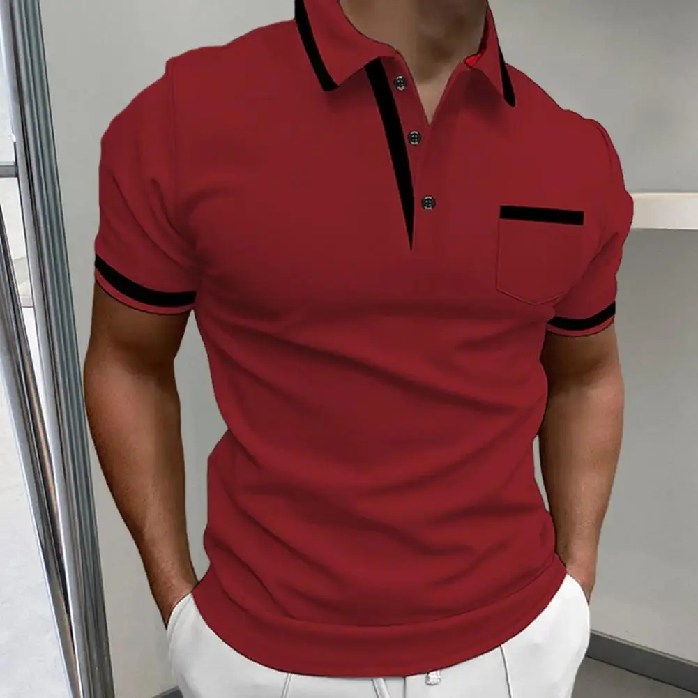 Soft Comfortable Men Top Breathable Slim Fit Men's Summer Shirt with Contrast Color Patch Pocket Turn-down Collar for Casual