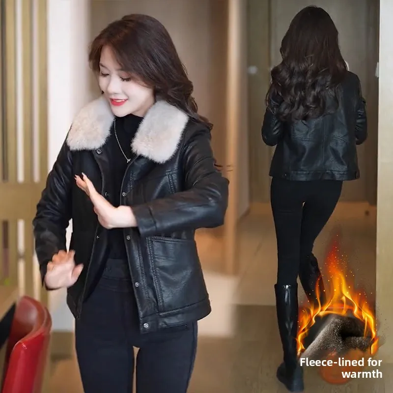 Faionable Fce gefüttertes PU-Leder Ort Jaet Damen Winter New Sle Ele Damen Vielseitiger großer Pelzkragen Trendy