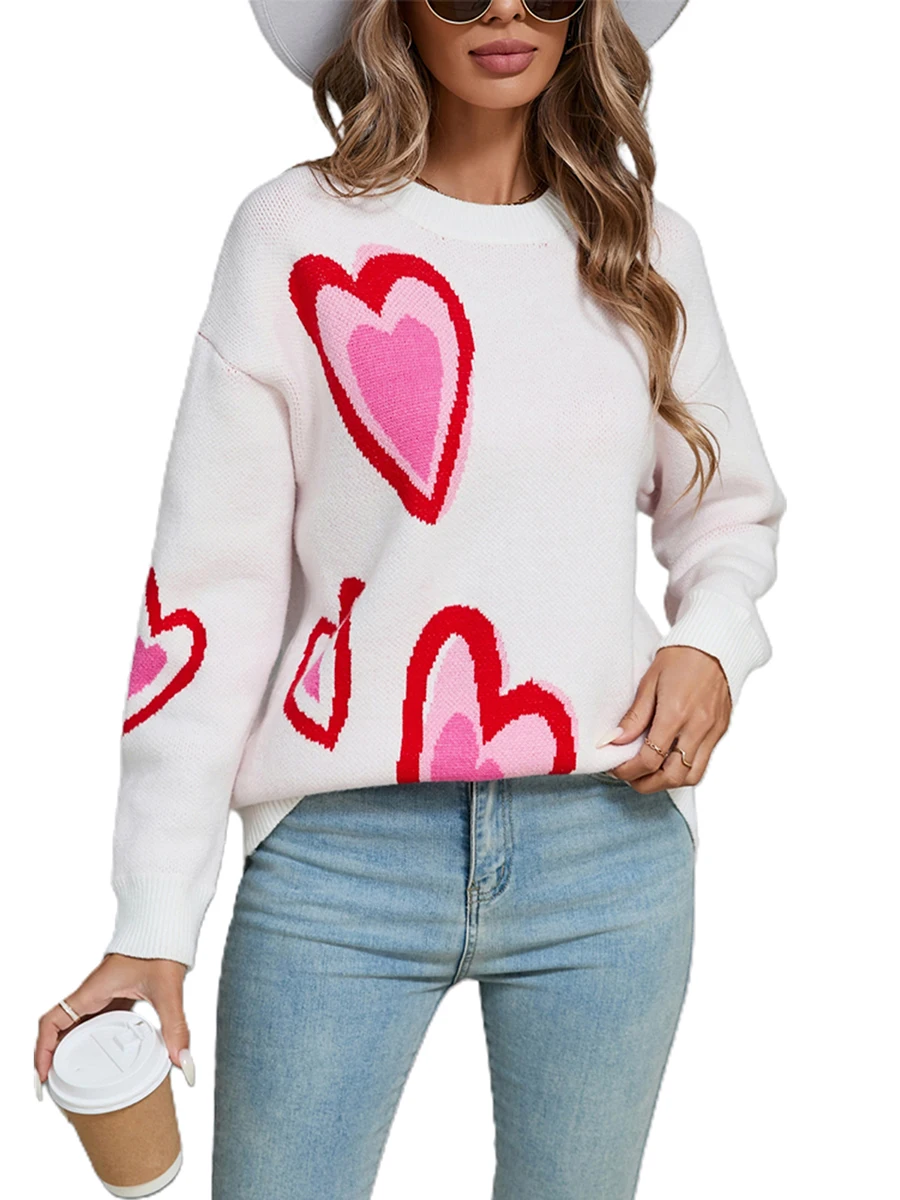 Women s Heart Print Sweaters Long Sleeve Round Neck Oversized Pullover Spring Fall Tops