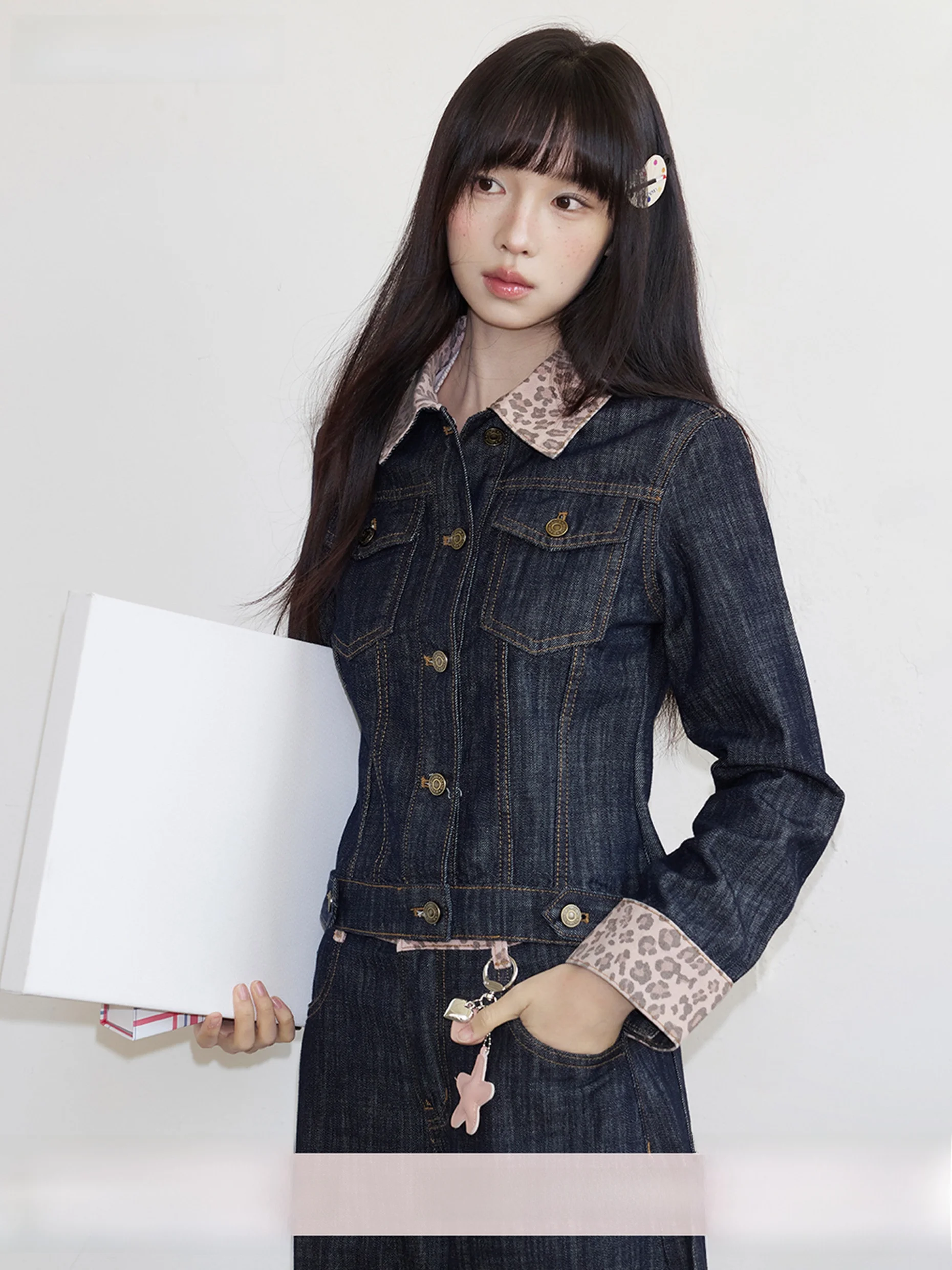 

Umoumo Retro Slim Fit Leopard Print Patchwork Denim Collar Jaet Color Blo Outerwear Women's ort Coat Cotton Blend