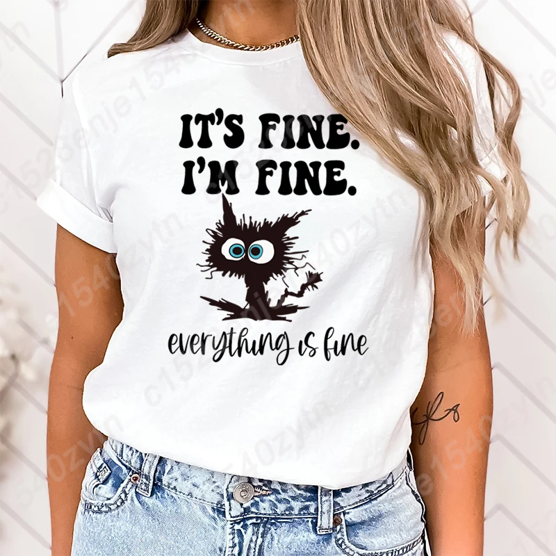 

Women's Fashion Cat It's Fine I'm Fine Everything Is Fine Print T-shirt Summer Casual Loose Crew Neck Creative Personalized Tees