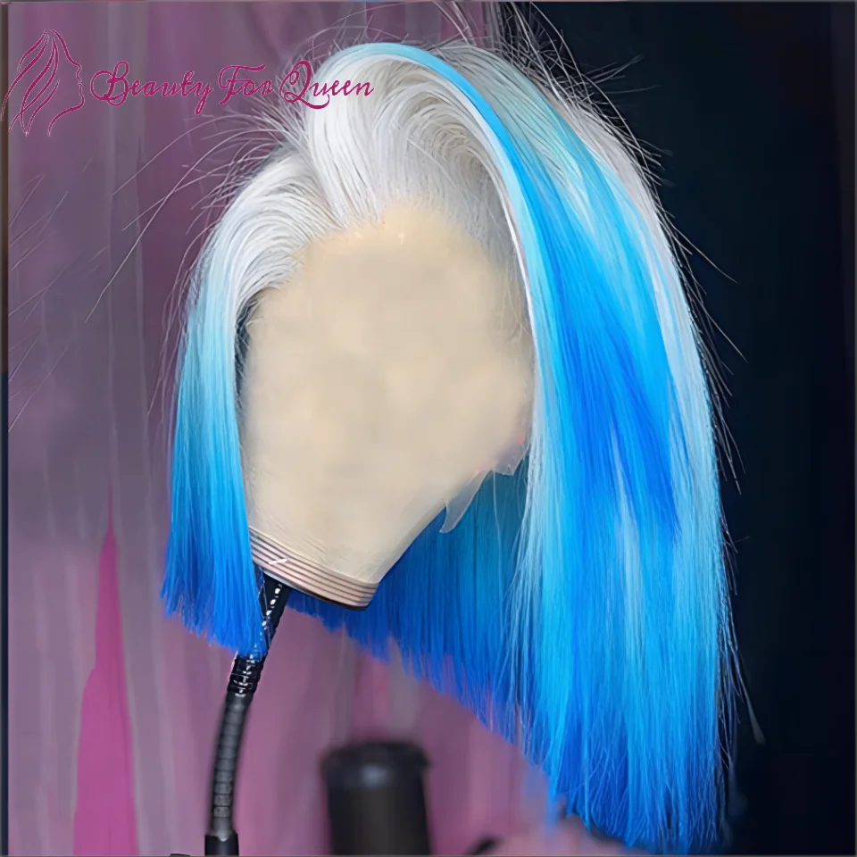 Peruca azul de Bob curto para mulheres, perucas de cabelo humano frontal, reta, transparente, colorida