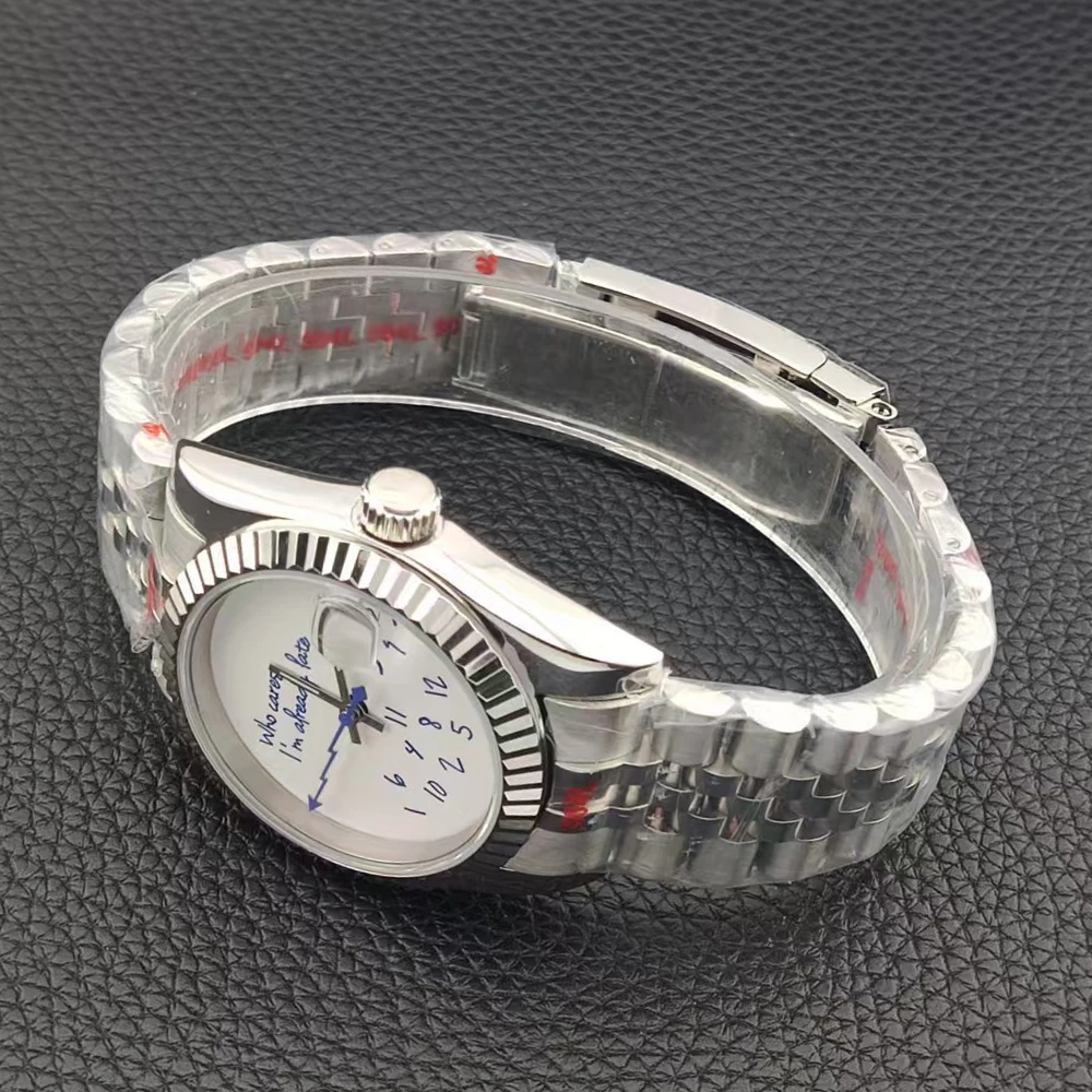 39 مللي متر/36 مللي متر nh35 ساعة من يهتمني بالفعل متأخر ساعة لا شعار الأزرق النص الهاتفي الياقوت كريستال زجاج NH35 الحركة التلقائية