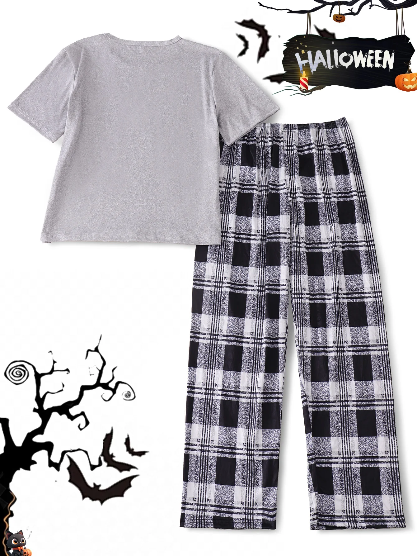 2pcs Women Pajama Sets Halloween Skull Print Crew Neck Short Sleeve T-shirt & Pants Ladies Comfy Homewear Pjs Sets