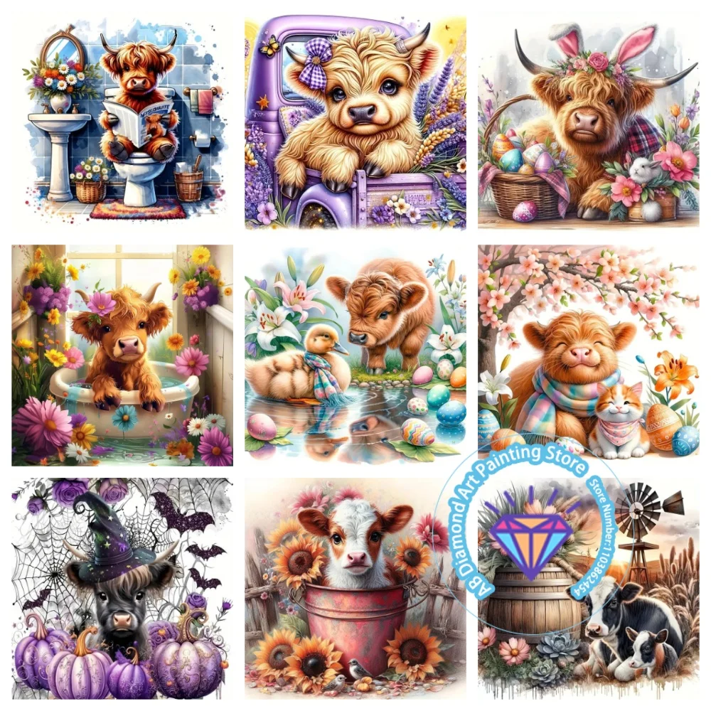 

Cartoon Animal Highland Cattle AB Diamond Drawing Kit Square Round Diamond 5D DIY Cow Mosaic Handmade Art Adult Gift Home Decor