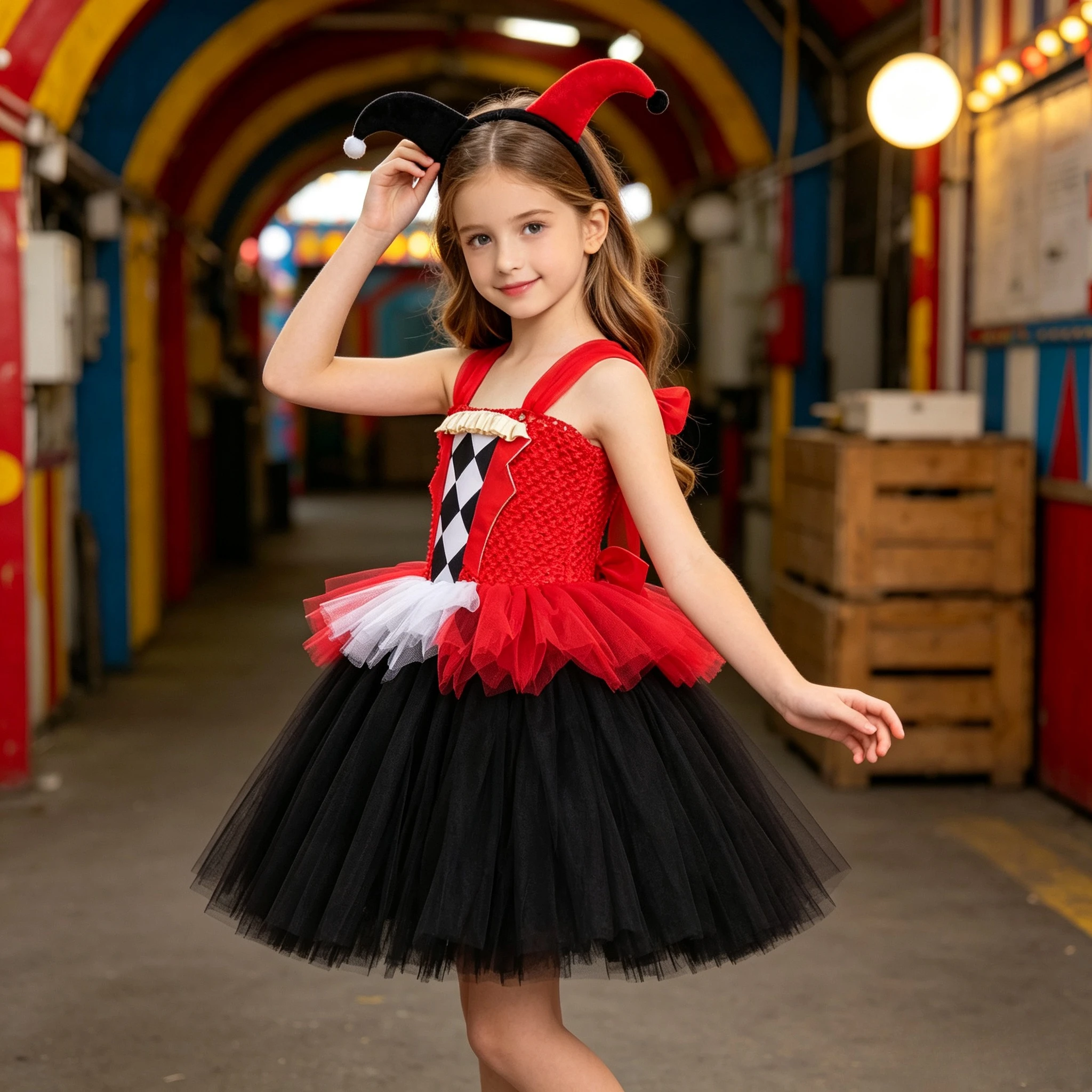 Halloween Masquerade Party School Stage Performance Role Play Black and White Plaid Circus Clown Tulle Dress With Headband Wear