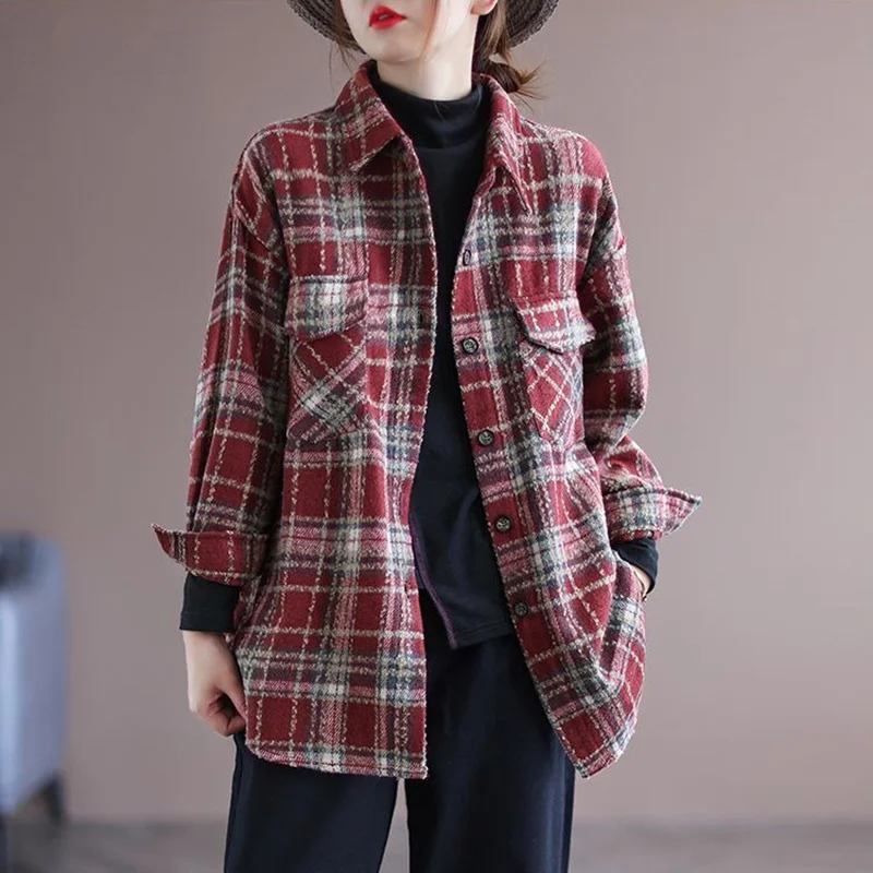 Thiened حجم كبير طويل Sve منقوشة irt ريترو تويد معطف فضفاض المرأة Busin عادية القطن طوق زر حتى معطف