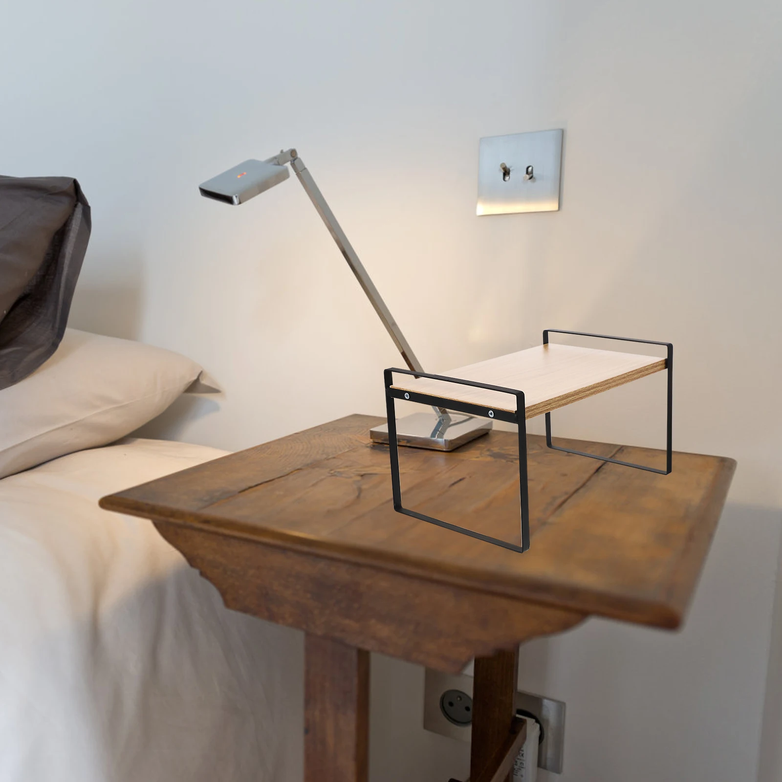 

Iron Storage Shelf Desk Organizer Bookshelf Office Rack Wooden Metal Shelves Space Saving Desktop Holder