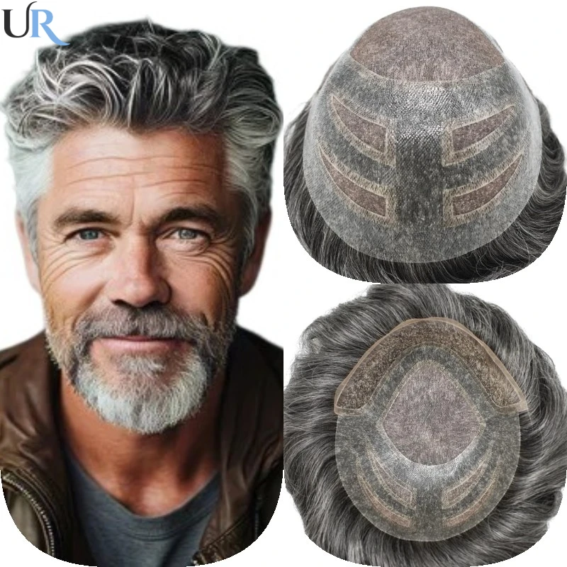 Toupee Men Mono Top with PU around and French Lace in Front Mens Toupee Black Color Mixed Grey Hair Replacement System for Men