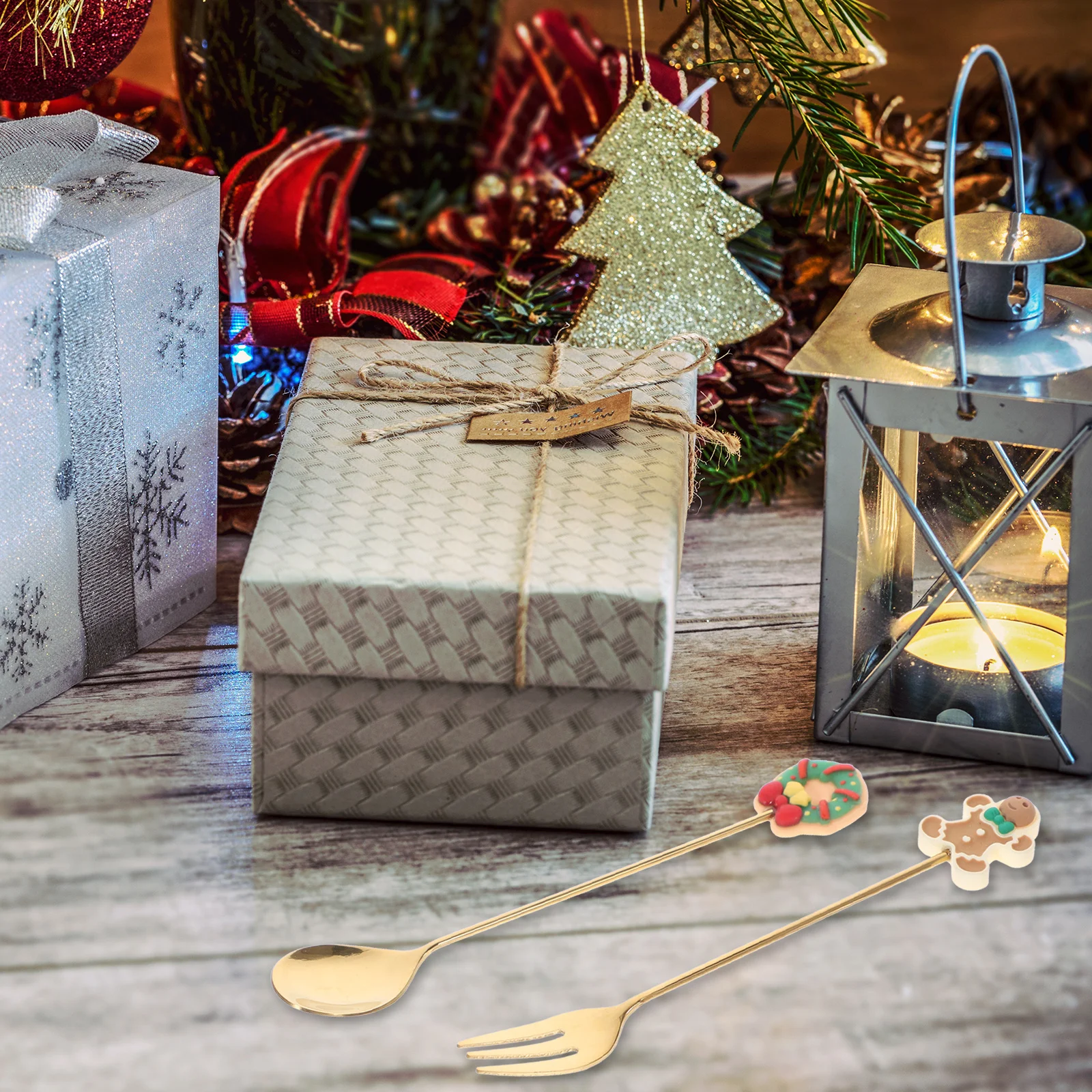 

1Set Christmas Cutlery Kit Stainless Steel Dessert Spoon Fork Xmas Flatware Party Tableware Kitchen Essentials