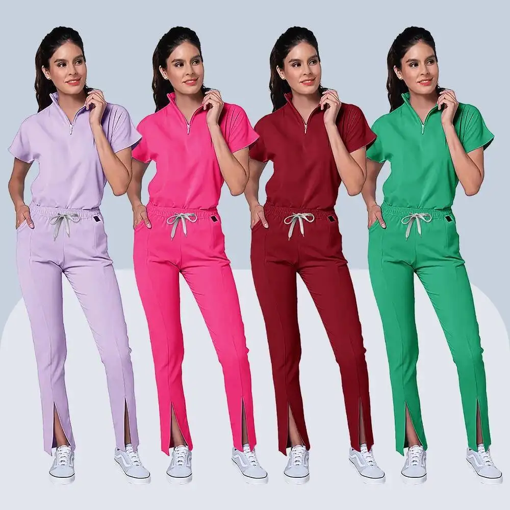 

Медицинские скрабы, униформа, женский скраб на молнии для медсестры, карманные топы, брюки, хирургические костюмы из 2 предметов, операционный костюм, рабочая одежда для кормления