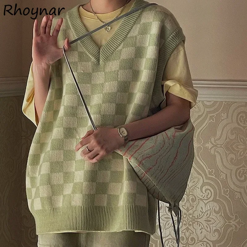 

Клетчатый свитер, жилет, женский жилет с v-образным вырезом, студенческие универсальные весенне-осенние повседневные вязаные мешковатые винтажные топы без рукавов в стиле Харадзюку, корейский шик