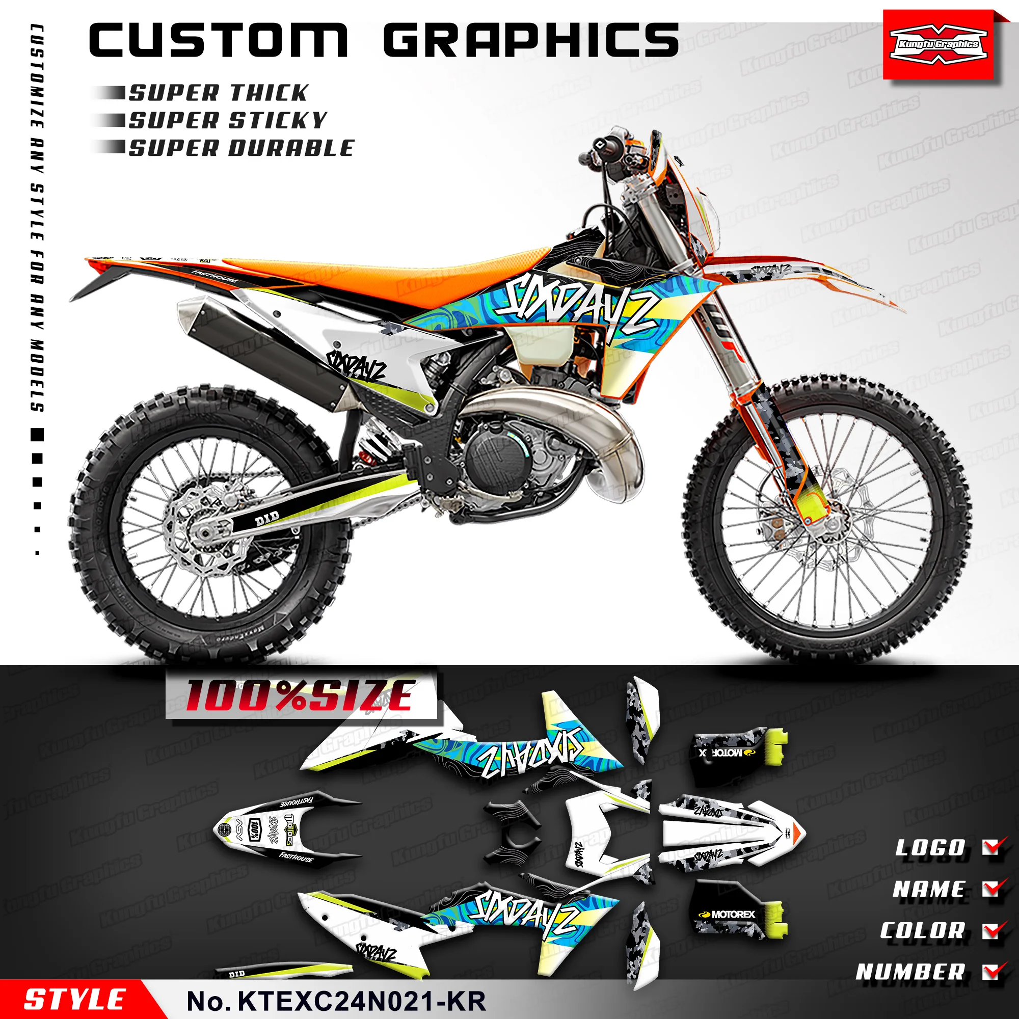 

KUNGFU GRAPHICS Adhesive Sticker Wrap Design for KTM EXC EXC-F XC-W XCF-W 2024 / SX SXF 2023 2024 2025, KTEXC24N021-KR