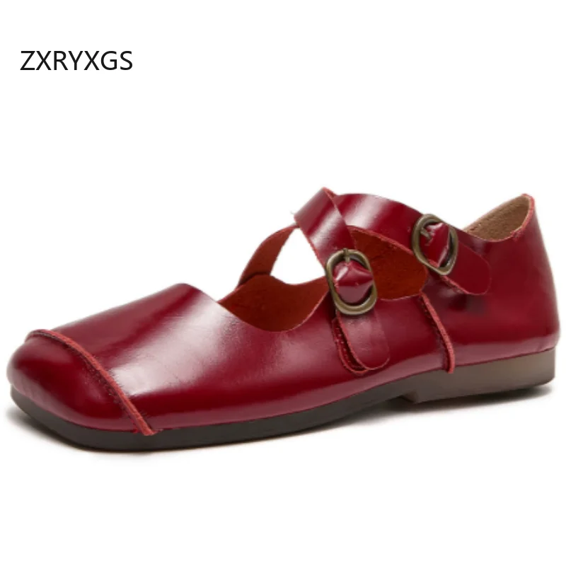 ZXRYXGS Classic Retro Premium Full Genuine Leather Shoes Flat Shoes 2026 Autumn Square Toe Double Buckle Soft Soled Women Flats