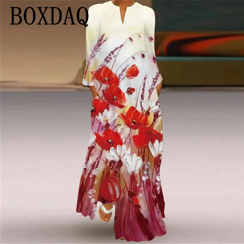 우아한 가을 롱 드레스 여성 패션 스트리트 캐주얼 긴 소매 브이넥 포켓 드레스 빅 사이즈 3XL 맥시 드레스