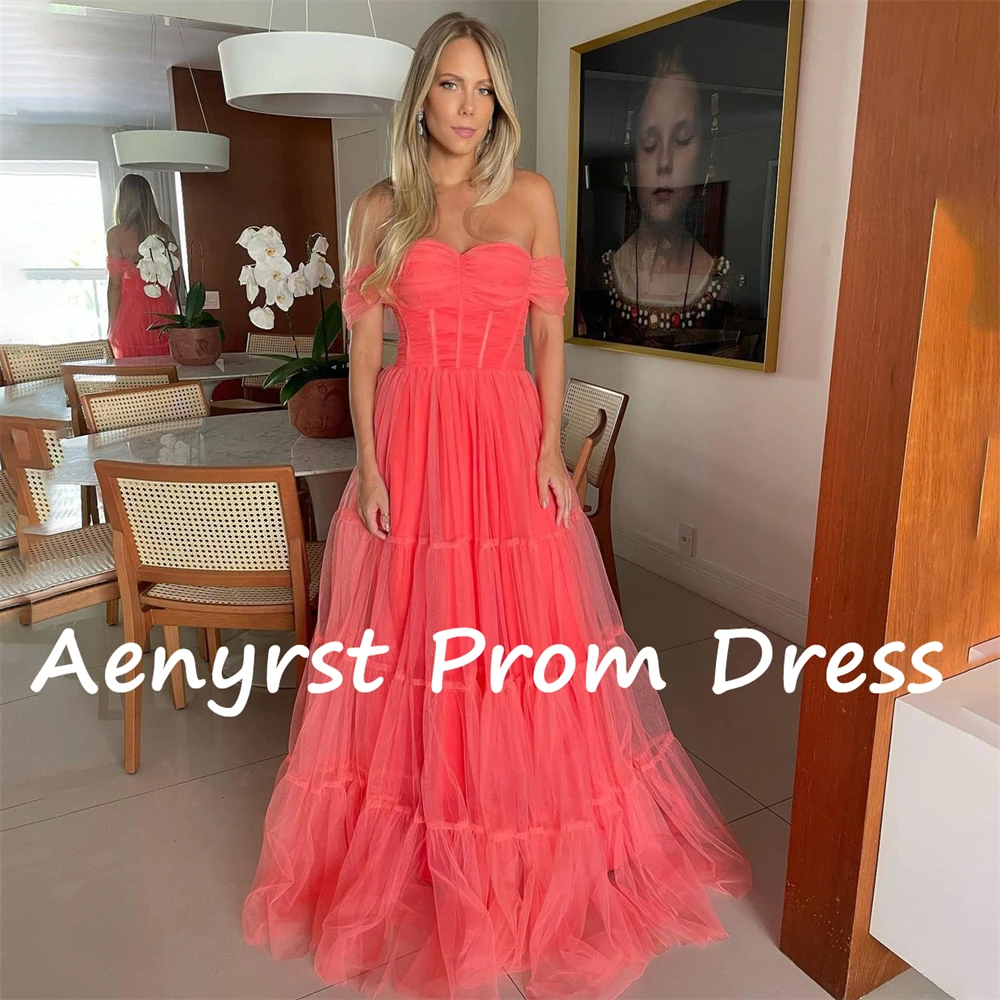 Aenyrst-vestidos de noite para mulheres, fora do ombro, espartilho, tule, linha A, vestidos de baile, até o chão, vestido de festa