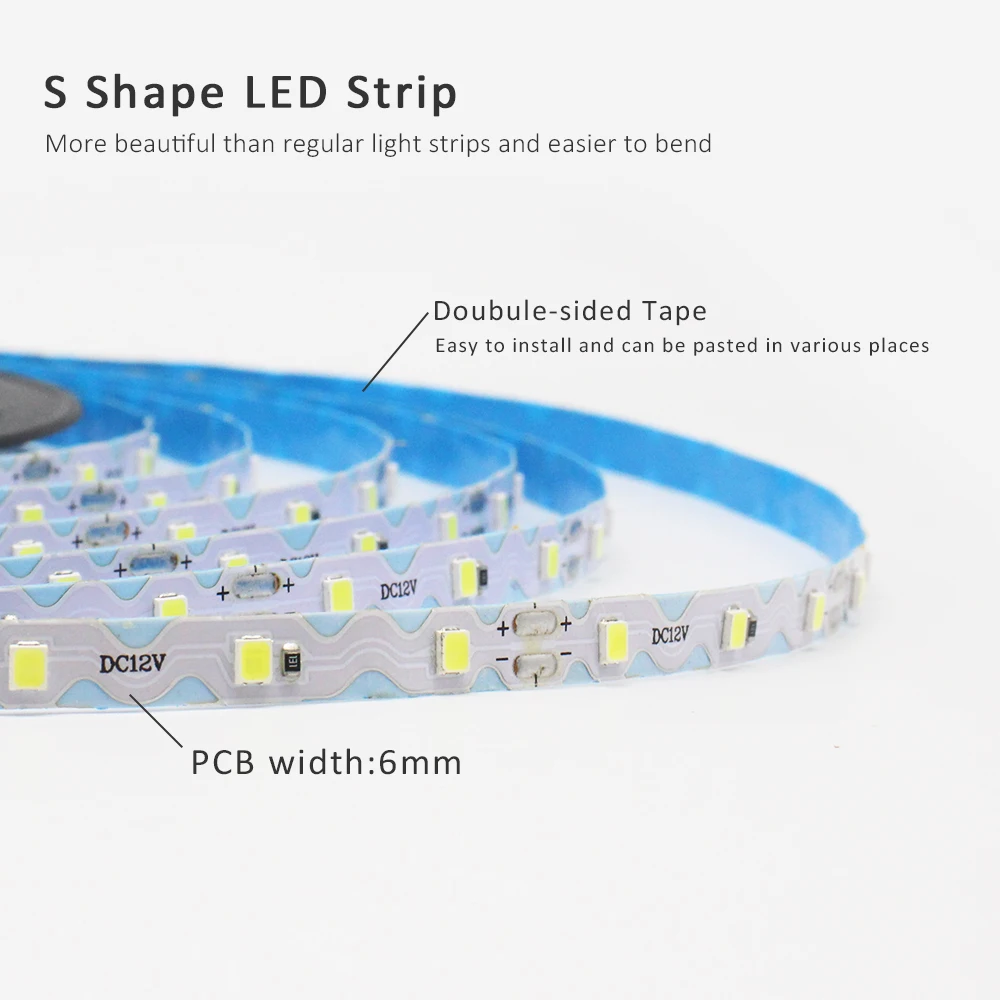 12 В постоянного тока S-образная светодиодная лента 6 мм PCB SMD 2835 60 светодиодов/м Теплая холодная белая гибкая лента для рекламных подсветки