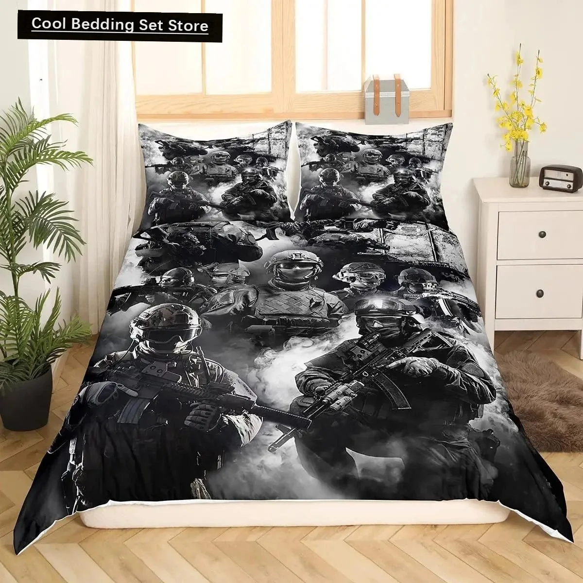 Soldier Duvet Cover Set Army Rifle Machine Gun Bedding Set for Boys Under Mission Army Bedclothes Military Polyester Quilt Cover