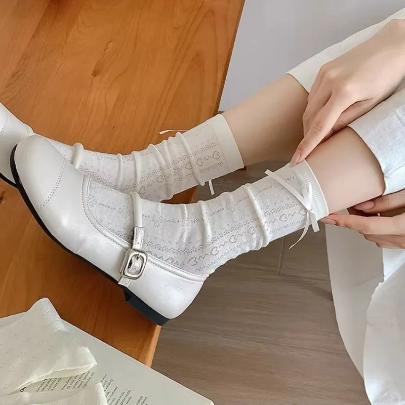 Spring and Summer Korean Thin Socks Hollow Heart Female Student Knee-high Socks Bow Side Straps Fashion Beige Stacked Socks