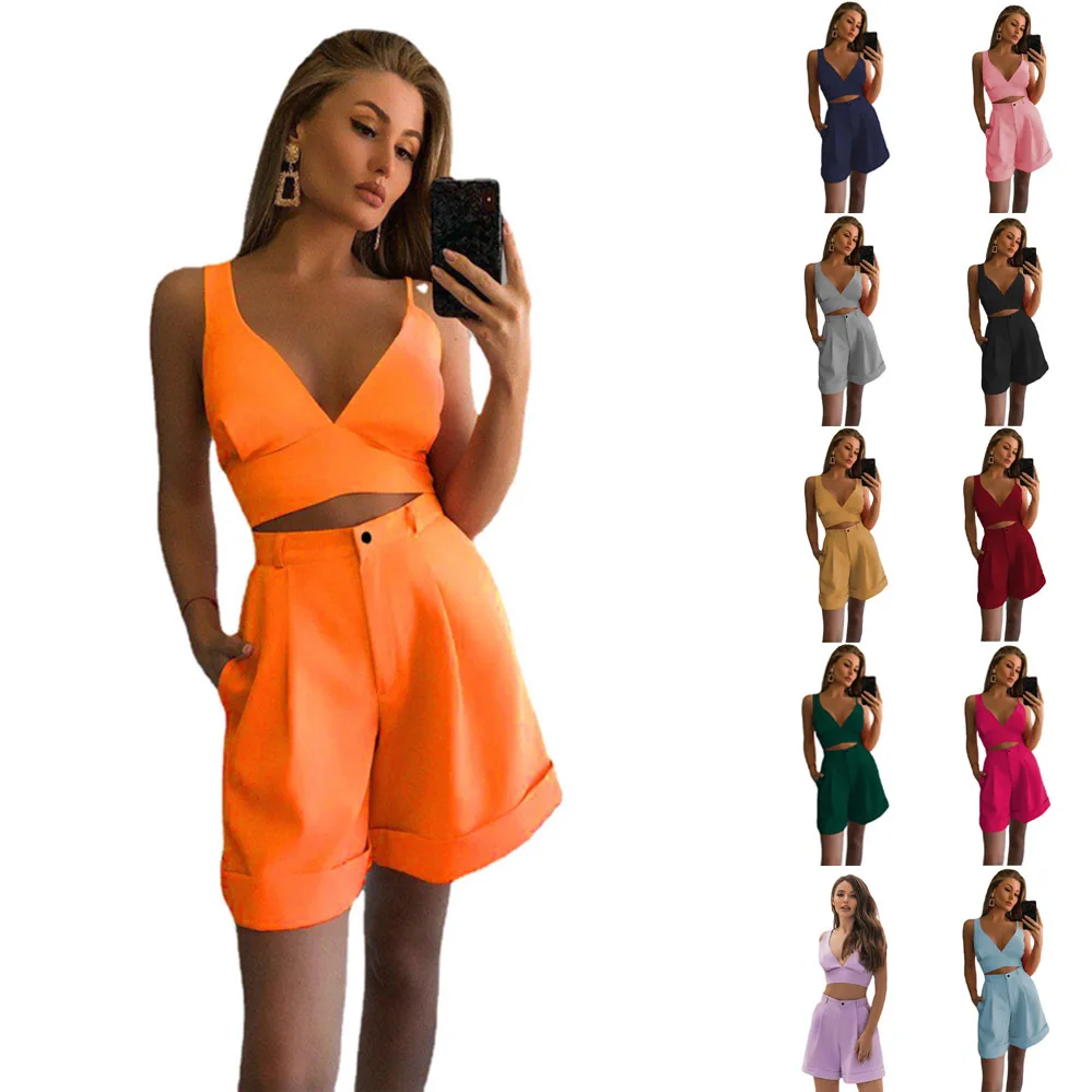 2024 Pant Sets Women Summer Sexy Deep V-neck Spaghetti Strap Backless Leace-up Camisole Short Pants Two Piece Set Ladies Fashion