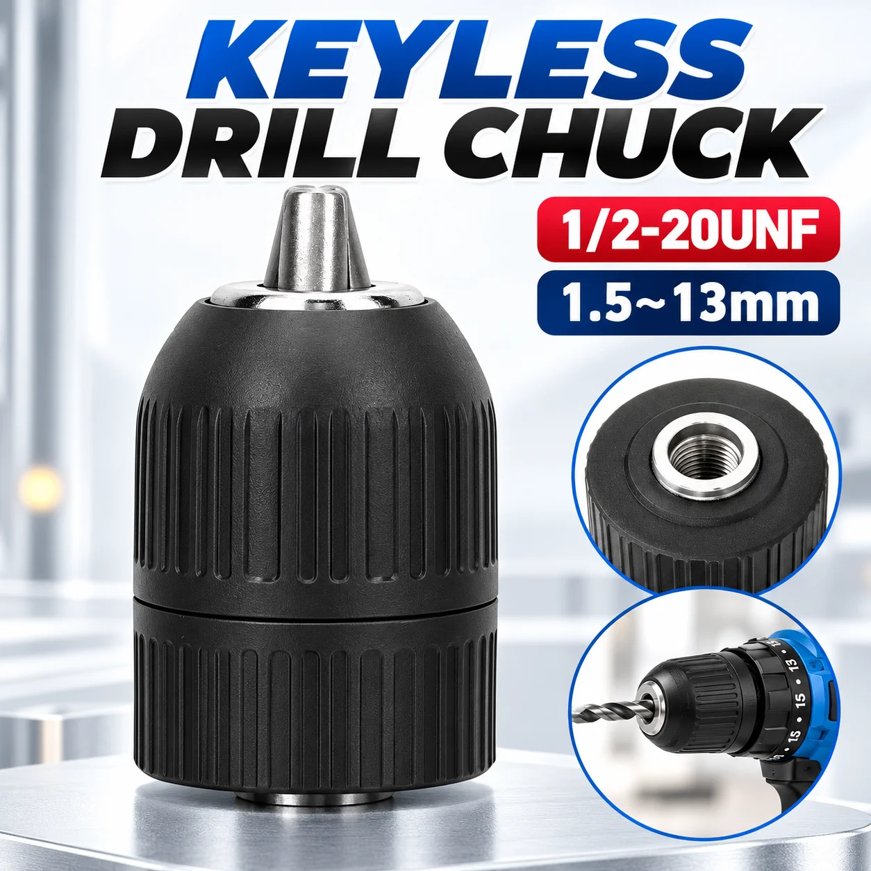 2-13mm Self Locking Keyless Drill Chuck 1/2-20UNF Hand Tight Adapter Impact Wrench Hammer Converter Drill Bit Holder Power Tool