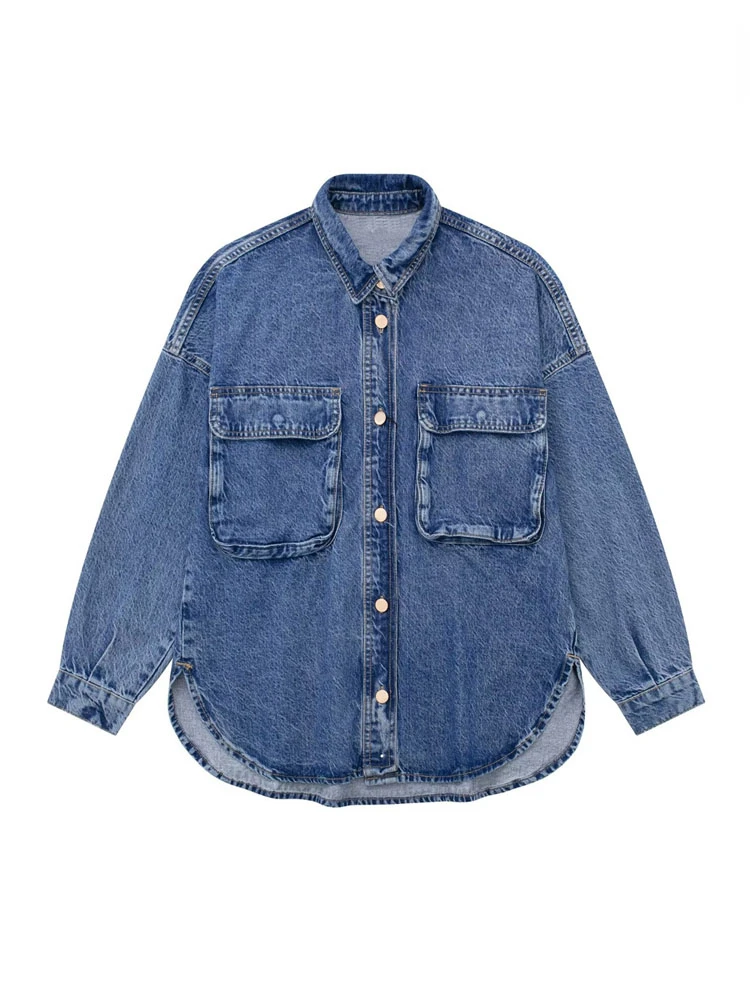 

TRAF Women Fashion with Pockets Oversized Denim Jean Jacket Denim Coat Vintage Long Sleeve Button-up Female Outerwear Chic Tops