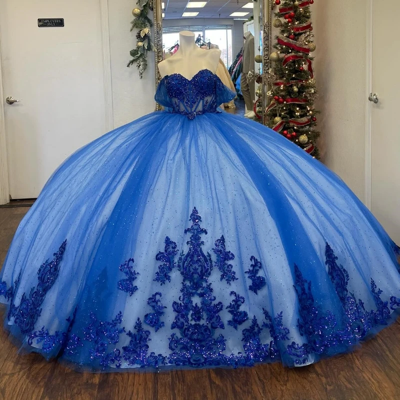 

Blue Shiny Ball Gown Quinceanera Dress 2024 Appliques Lace Beads Princess Tulle Vestidos De 15 Años Birthday Party Sweet 16 Dres