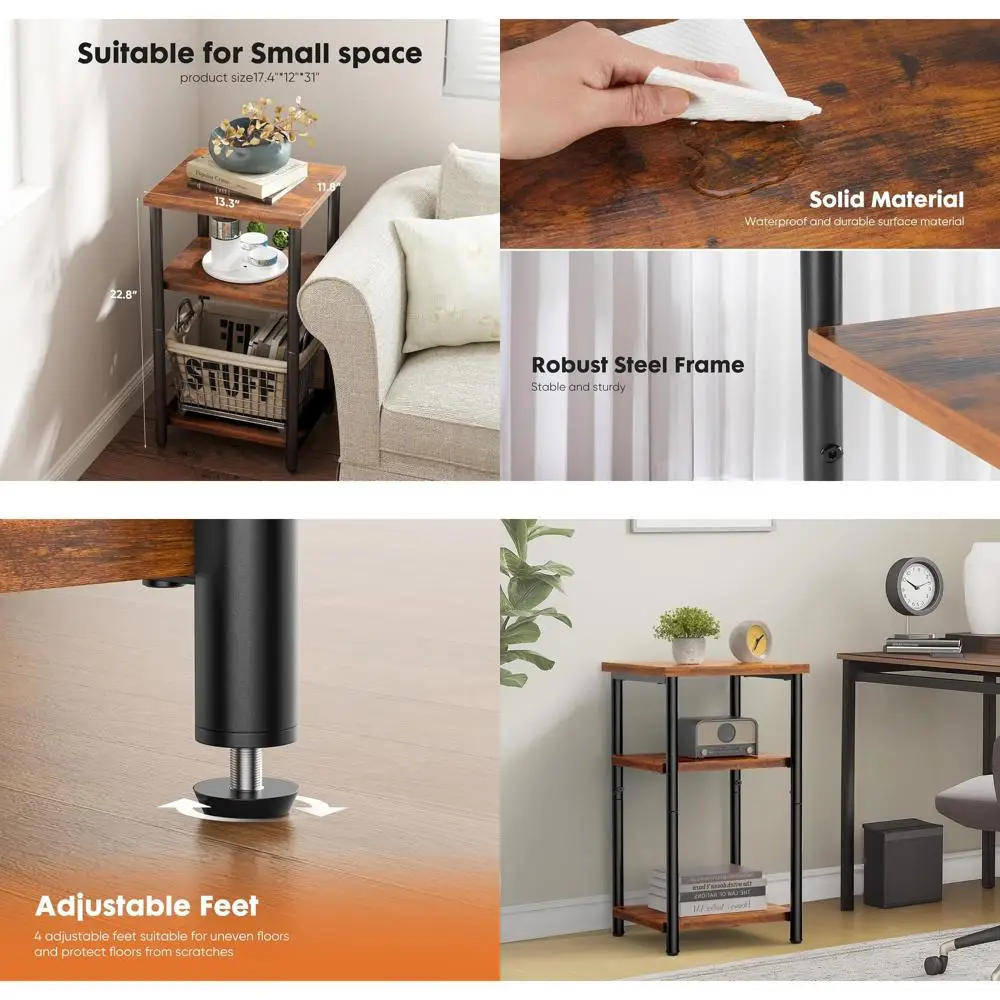 

Adjustable 3-Tier Nightstands, Rustic 2-Pack, Suitable for Bedroom, Office, Living Room