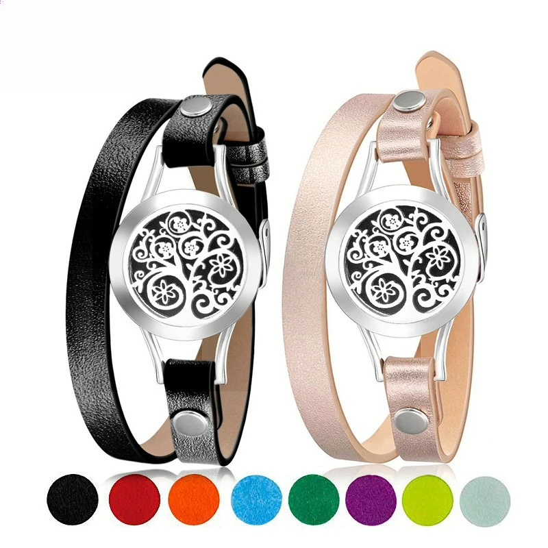 

25MM Stainless Steel Hollow Essential Oil Diffusion Perfume Tree of Life Bracelet Leather Bracelet Aromatherapy Bracelet
