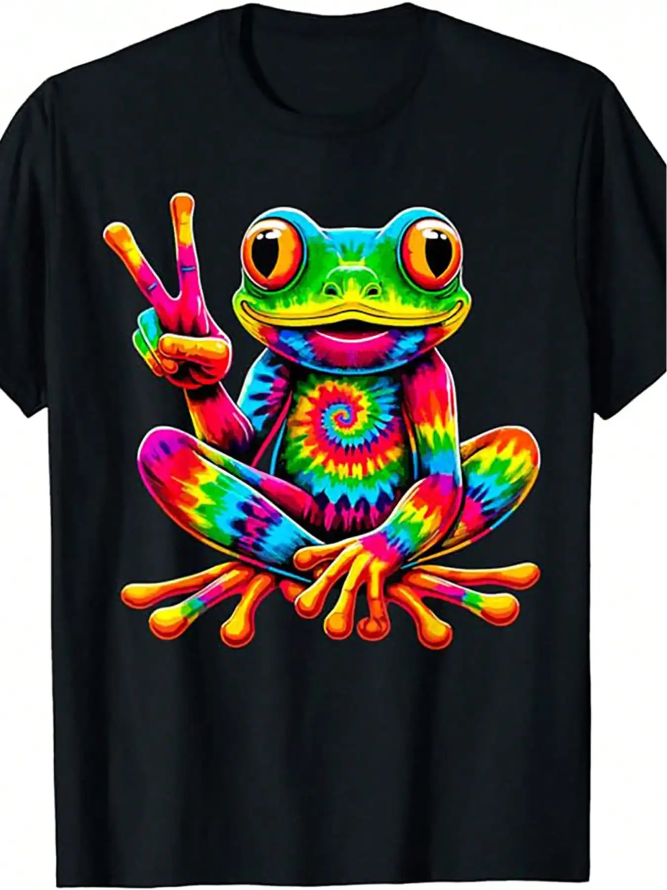 Tie-Dye Cool Frog Peace Sign Hippie T-Shirt, Men's Round Neck Breathable Tee, Suitable For Spring Summer And Autumn Daily Wear