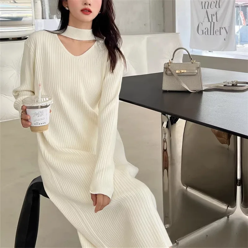 Vestido solto de malha para mulheres, roupas de manga comprida, decote em v, camada baixa pequena, estilo urbano, outono e inverno, E2587