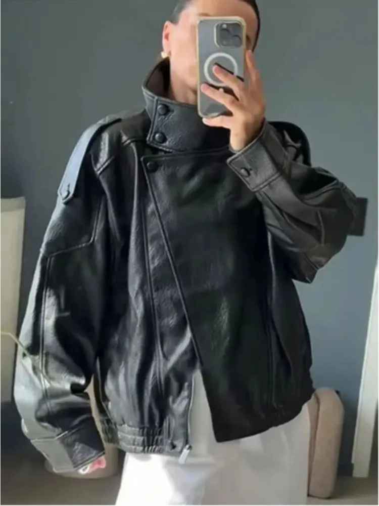 

Новая женская кожаная куртка из искусственной кожи с коротким мехом, модная, в мотоциклетном стиле, осенняя, Y2K, с эффектом мятой кожи