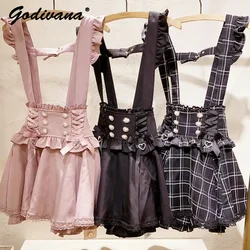 Japanese Liz Bow Detachable Suspender Skirt Women's Sweet Mine Mass-Produced Love Buckle Slim High Waist Straps Skirts