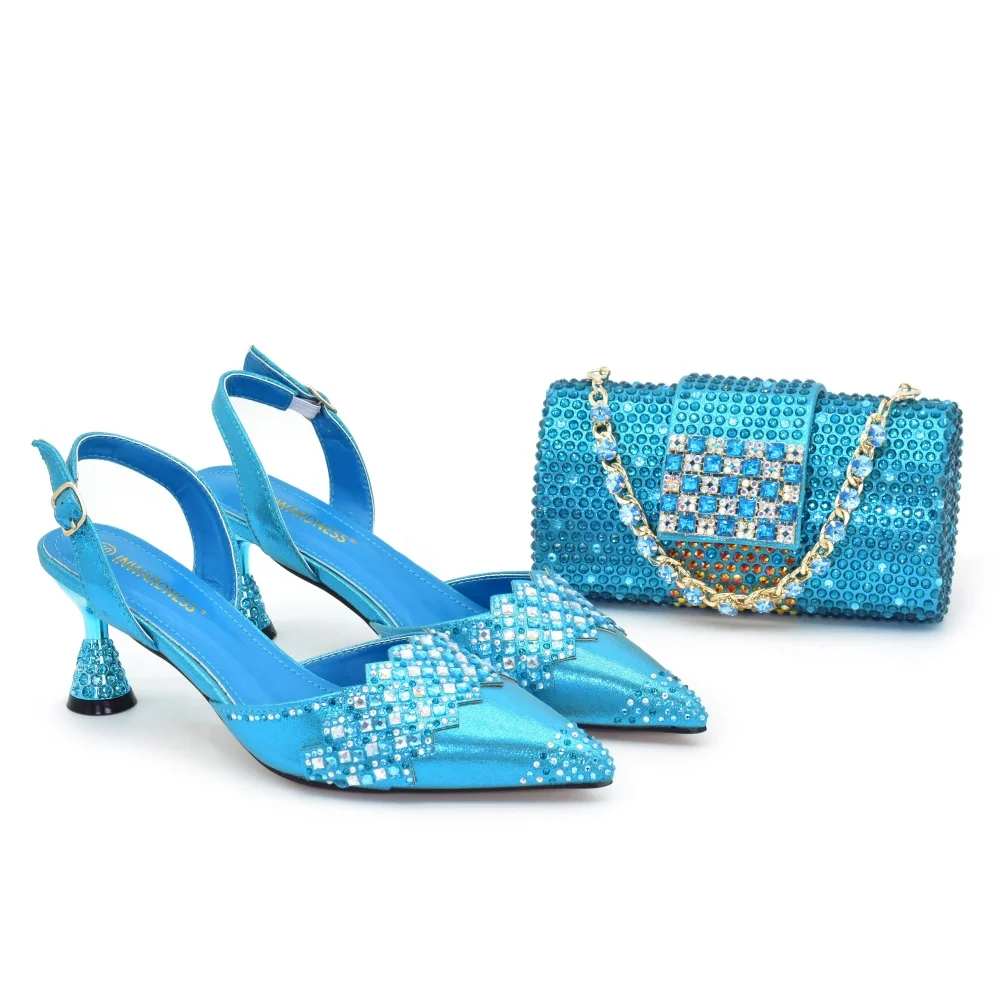 Women Nigerian Italian Shoes and Bags Set Decorated with Rhinestone Luxury Shoe and Bag Set for Party in Women Ladies Pumps