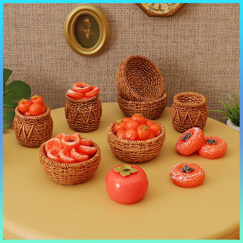 Dollhouse Scene Decoration Simulation Miniature Mini Persimmon Persimmon Model Ornaments Food Resin Basket Diy Accessories Gifts