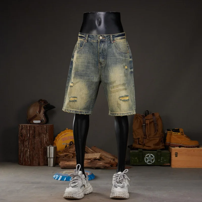 Men's Denim Shorts 2026 Summer Vintage American Style, Washed, Ripped, Distressed, Loose, Large Size, Versatile, Daily Casual