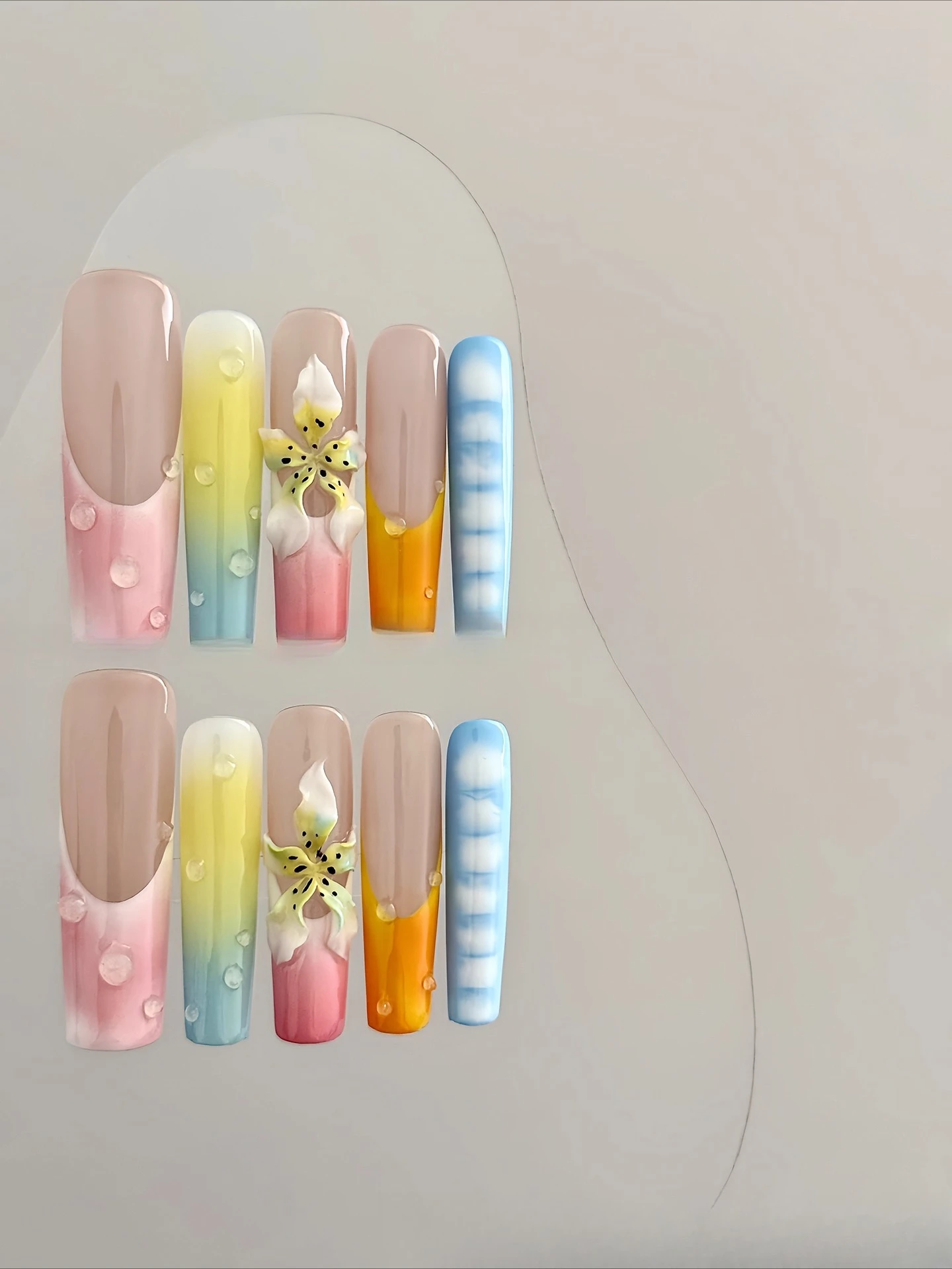 Long Armor Hand Pinch Carving Sea Salt Flower Wear Nail Flower Macaron Hand Painted Design Flower Relief Series Press on Nails
