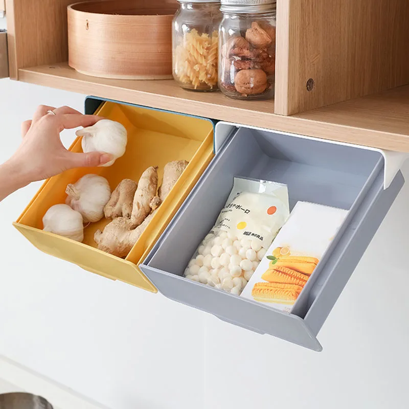 Hidden Hanging Storage Organizer Kitchen Drawer Storage Box Punch-Free Under Table Self-Adhesive Drawer Case Fork Spoon Tray