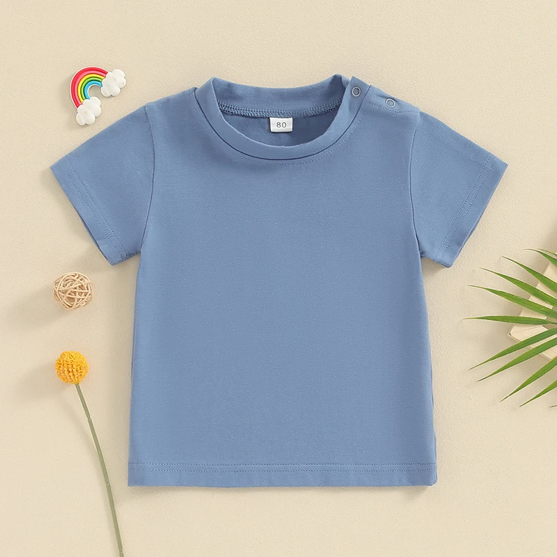 Camiseta de manga corta con cuello redondo para niños, Tops de verano sólidos, ropa informal diaria