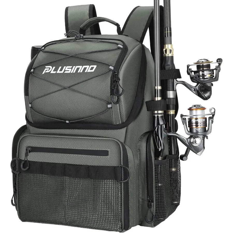 

PLUSINNO Fishing Backpack with Rod Holders and Cooler 45L Large Water-resistant Fishing Tackle Bag Fishing Tackle Backpack