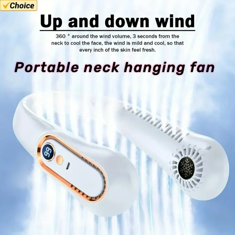 Hanging neck style leafless portable USB charging air cooler comes with 5-speed adjustment and LED display